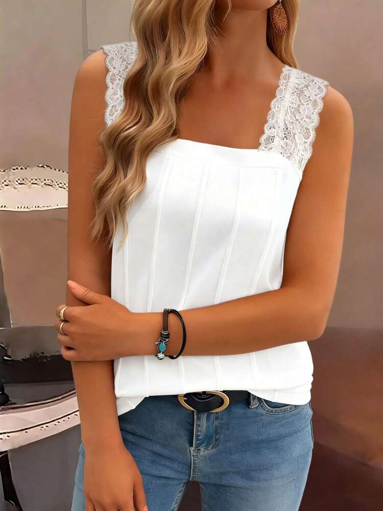 EMERY ROSE Plus-Size Women's White Elegant Silky Tank Top,Spring Summer Everyday Casual Knit Stretch Fabric With Patchwork And Wavy Lace Trim,Resort-Inspired - White - View 5