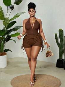 Maweii Plus Size Women's Chocolate Brown Summer Classy Vacation Holiday Bodycon Romper,Halter Neck Metal Decor Button Bow Tie Backless Side Drawstring - Brown - View 7