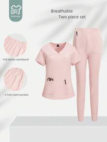 TaskEZ Conjunto de uniforme de pijama de unicolor con top de manga corta y pantalones - Rosa Pálido - Ver 9