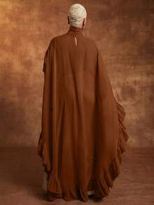 Vixey Sheer Chiffon Layered Ruffle Mock Neck Hi Low Hem Cape Top - Brown - View 4