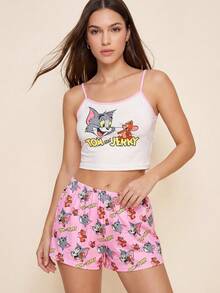 TOM & JERRY X SHEIN Women's Summer Funny Cartoon Letter Print Trim Camisole And Shorts Pajama Set - Multicolor - View 4