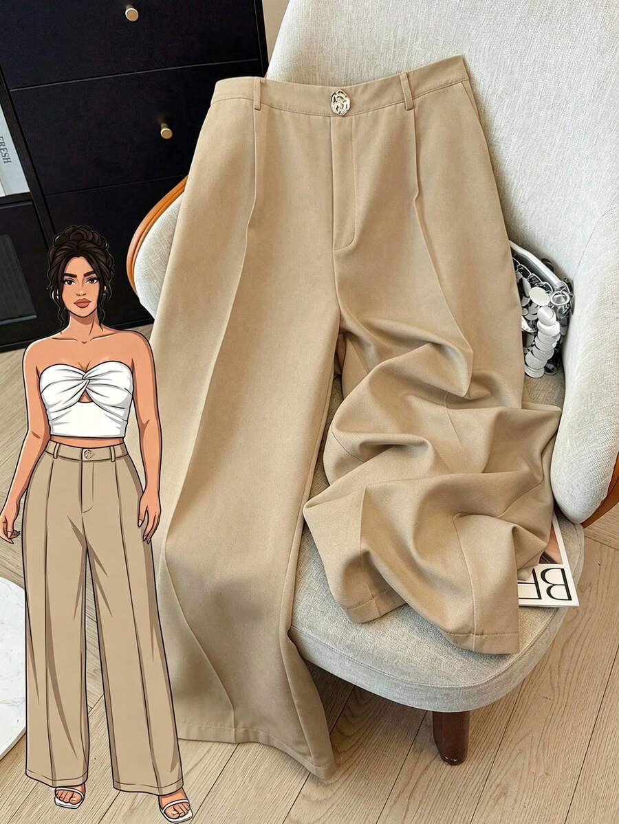 GlowEve CURVE Plus Size Women's Elegant Rose Gold Metal Decor Elastic Waist Side Zipper Straight Leg Long Pants, Suitable For Spring & Summer - Khaki - View 1