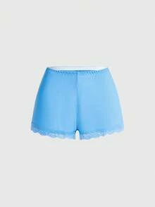 ROMWE Women Ribbed Lace Patchwork Camisole And Casual Shorts Pajama Set - Blue - View 3