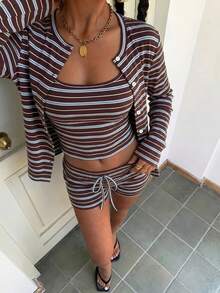 Muchica 3件套女士休闲街头风套装，女士户外服装，美式复古条纹 - 彩色 - 查看 4