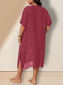 Swim Lushoire Plus Size Women Summer Beach Vacation Patchwork Crochet Loose Cover-Up Dress Boho - Burgundy - View 2