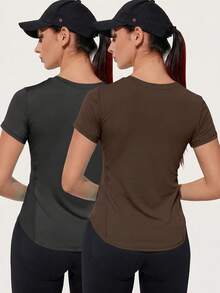 Powerista 2pcs Women's Minimalist Solid Color Short Sleeve Splice Mesh Breathable Fabric Fitted Sports T-Shirt - Multicolor - View 3