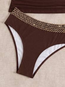 Swim Chiccia Bộ bikini hai mảnh màu trơn dành cho nữ, kiểu dáng ôm sát, dây đeo màu vàng có thể điều chỉnh, quần cạp cao, thích hợp cho kỳ nghỉ, tiệc tùng, thường ngày. - Cà phê nâu - Xem 5