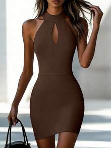 SHEIN Đầm ôm sát hở lưng cổ yếm khoét trước - màu nâu - Xem 5