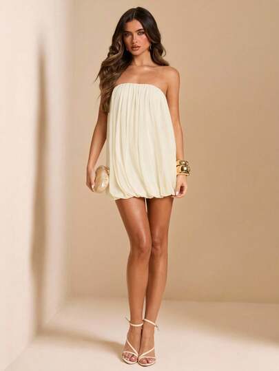 SHEIN BAE Apricot Solid Color Strapless Mesh Puff Mini Dress, Elegant Sexy Ruched Mini Dress For Spring/Summer