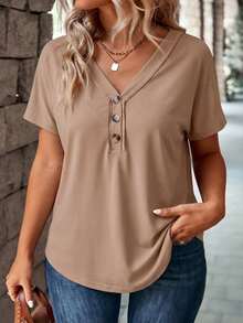 EMERY ROSE Nueva moda casual básica retro caqui manga corta raglán suelta cuello en V decoración de botones Camiseta, talla grande - Caqui - Ver 4