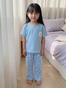 SHEIN 女童雏菊印花短袖T恤和长裤家居服套装 - 藍色 - 查看 3