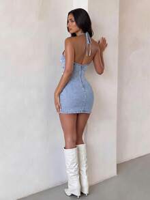Glamine SHEIN Glamour Women's Handmade Beaded Tassel Halter Neck Denim Dress - Blue - View 3