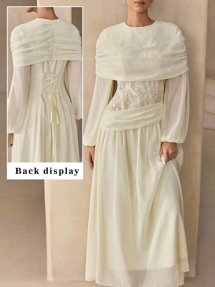 Graceveil Elegant Embroidered Chiffon Lantern Sleeve Swing Dress
