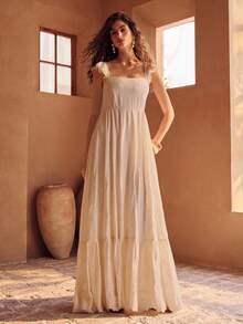 MOTF PREMIUM Damen Rayon Kleid mit Stickerei, geeignet für Frühlings-/Sommerurlaub - Beige - Übersicht 4