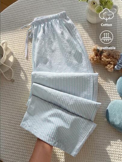 SHEIN PETITE Pantalones rectos de cintura baja con cordón elástico y plisados de estilo casual y romántico de verano a rayas para mujer, adecuados para volver a la escuela y para ir al trabajo