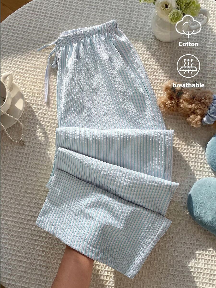 SHEIN PETITE 女款藍白條紋夏季休閒居家百褶布料低腰抽繩鬆緊直筒長褲,開學通勤風,適合嬌小女性 - 藍色 - 查看 1