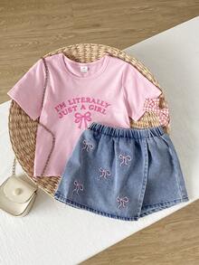 SHEIN Playful Pals 返校季女童休闲可爱圆领彩色波点彩虹印花T恤和纯色牛仔短裙套装，夏季 - 粉色 - 查看 6