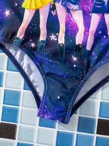 SHEIN Young Girl Summer Beach Vacation K-Pop Star Sky Print Contrast Trim One-Piece Swimsuit - Purple - View 5