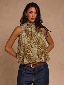 SHEIN Glamour Áo kiểu nữ không tay, cổ buộc dây, xếp nếp, họa tiết da báo. - Nhiều màu - Xem 6