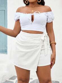 SHEIN SXY 大码夏季休闲纯色侧系带牛仔短裙 - 白色 - 查看 1