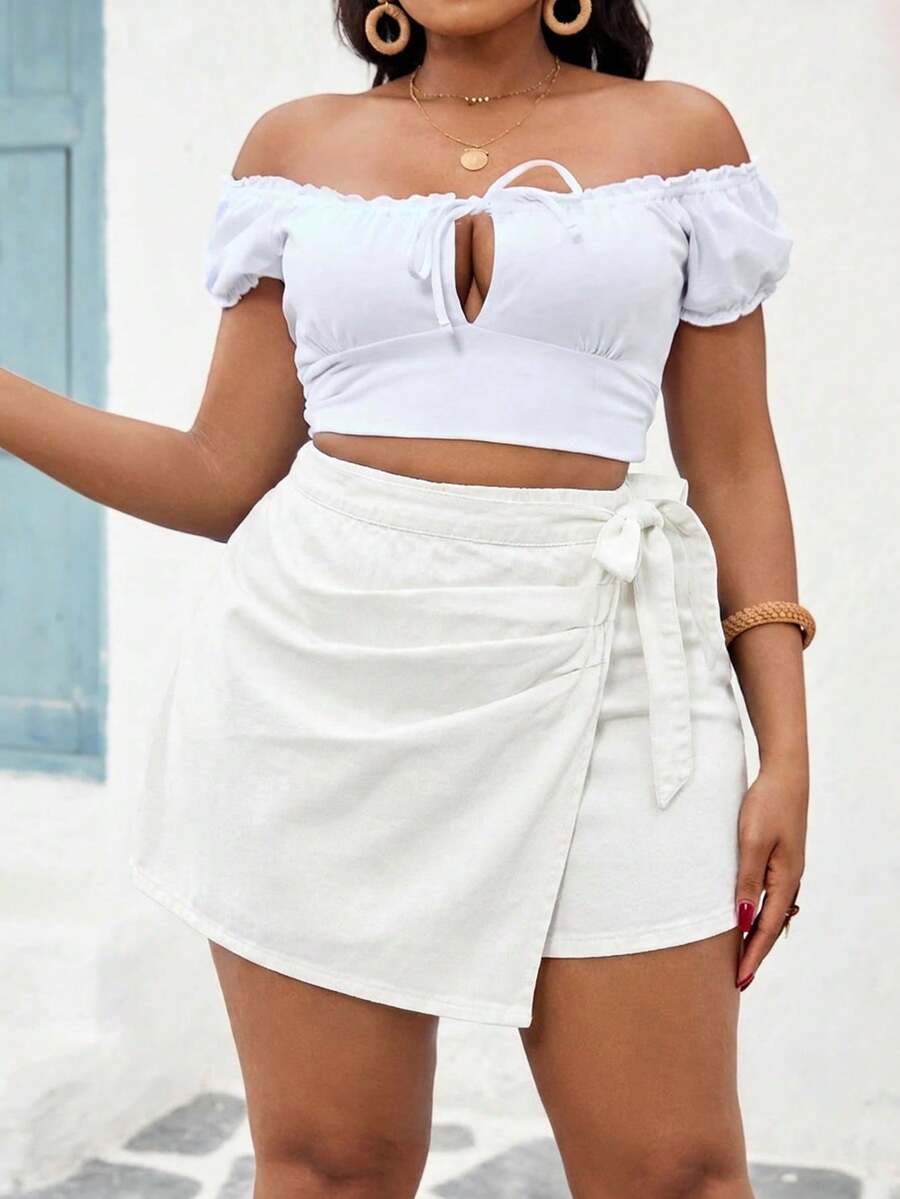 SHEIN SXY 大码夏季休闲纯色侧系带牛仔短裙 - 白色 - 查看 1