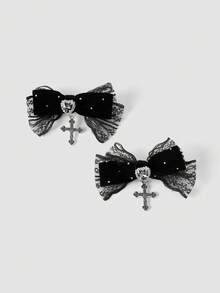 MortiRose 2pcs Gothic Style Lace Ribbon, Crystal Heart & Cross Decor Hair Clips, Suitable For Holiday Outfits, Daily Wear For Gothic Fashion Enthusiasts, Hair Slide, Hair Barrettes, Hair Accessories, Party, Head Accessories, Hairpin - Black - View 2