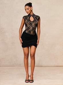 Autumn Black And Beige Floral Lace Mini Dress Women Chic Sexy Club Date Night Date Night Night Elegant Keyhole Neckline Mesh Sleeveless Cinched Waist - Black - View 9
