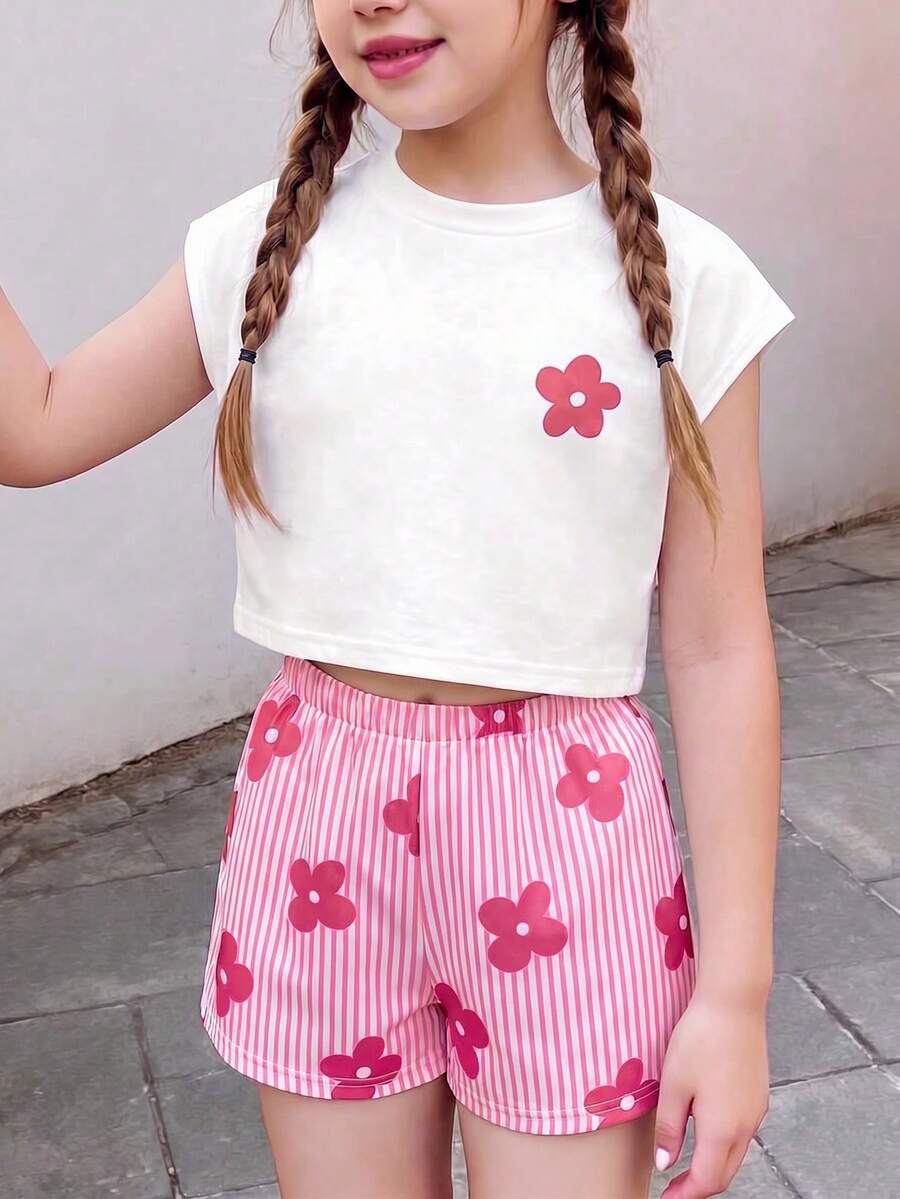 SHEIN Sparklyn 2pcs/Set Tween Girls Floral Print Fitted White Short Sleeve T-Shirt Top And Loose Shorts Set, Summer Outfit - Pink - View 1