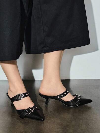Bholvia Fashion Double Buckle Pointed Toe Mule Heels For Women, Black High Heels Spring/Autumn Versatile Slip-On Shoes, Elegant, Women Pumps, Elegant