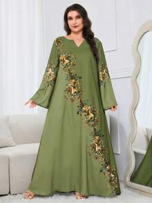 Al Najma Plus Size Women Floral Pattern V-Neck Long Sleeve Arabic Style Dress - Green - View 4