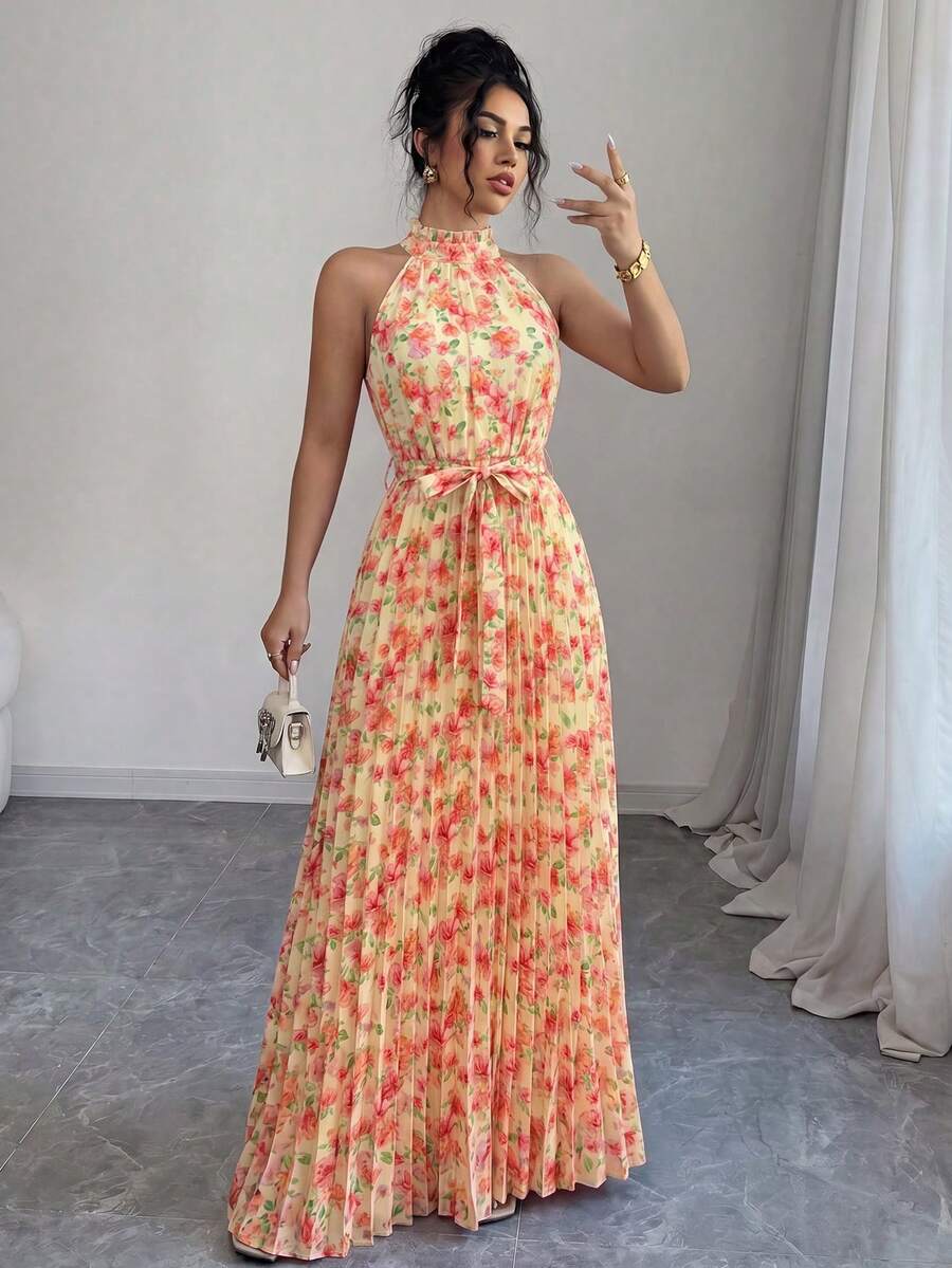 Elenzga Floral Print Ruffle Collar Pleated Waist A-Line Elegant Romantic Dress, Suitable For Dates, Spring/Summer - Multicolor - View 1