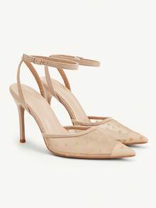 CUCCOO CHICEST Scarpe da donna con punta a spillo, color albicocca, in pizzo e rete, con cinturino alla caviglia. Scarpe da donna semplici, dal temperamento elegante e sexy, adatte per feste e banchetti, con tacco alto. - Taoxin albicocca netta 8 # - Visualizzare 5