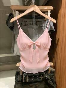 SHEIN Franclia Áo hai dây kiểu Pháp thanh lịch dành cho nữ, thiết kế cổ chữ V gợi cảm, không tay, thích hợp cho mùa hè. - Màu Hồng baby - Xem 1