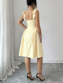 Nuevo vestido corto elegante y versátil para mujeres con tirantes de hombro anudados, textura de tejido de dos tonos y ajuste ceñido para uso diario - amarillo ganso - Ver 11