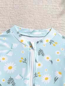 Young Girls' Long Sleeve One-Piece Swimsuit With Daisy & Bow Print, Suitable For Beach, Resort, Spa, Swimming Pool - Multicolor - View 4