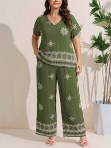 SHEIN LUNE 2pcs/Set Plus Size Women's Army Green Summer Boho Vacation Holiday Outfits,Short Sleeve V-Neck T-Shirt And Pants Elegant Fashionable Leisure Style - Multicolor - View 6