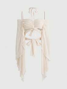 ROMWE Y2K Beach Goth Butterfly Patchwork Flare Sleeve Cropped Top - Apricot - View 1