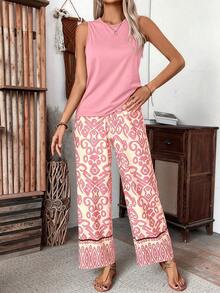 Breezaya Set da 2 pezzi da donna casual per vacanze con canotta tinta unita e pantaloni con cintura in vita a sacchetto e stampa all-over, primavera/estate - Rosa - Visualizzare 3