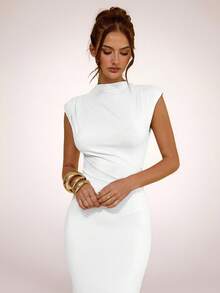 SHEIN BAE Apricot Asymmetric Ruched Bodycon Dress, Minimalist Elegant Long Dress For Spring & Summer - White - View 5