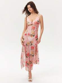 Elorette Women's Lace Patchwork Floral Print Casual Sleeveless Nightgown For Daily Wear - Multicolor - View 3
