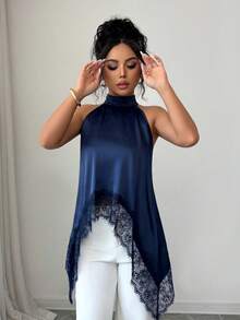 SHEIN Elenzya 女士蕾丝拼接露背休闲百搭日常衬衫 - 藍色 - 查看 5