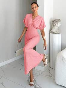 Siren Gaze Women's Lace Patchwork Textured Batwing Sleeve Vacation Dress Vacation Soft Pink Summer Elegant - Pink - View 6