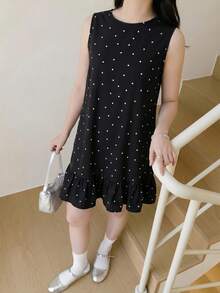 SHEIN Teen Girls Leopard Floral Print Round Neck Sleeveless Ruffle Hem Casual Summer Dress - Black - View 4