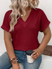 EMERY ROSE Women's Spring/Summer New Arrival Soft Knit Wide Ribbed V-Neck Short Sleeve Plus Size T-Shirt - Burgundy - View 6
