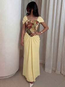 Modelyn 女士春夏杏色针织短袖拼接提花收腰喇叭下摆优雅浪漫连衣裙 - 淡黃色 - 查看 7