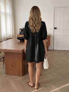 Easowa Đầm chữ A cổ chữ V thắt nơ tay phồng tay đèn lồng xếp ly viền bèo nhún dáng xòe, đầm búp bê tay lửng dáng rộng thoải mái thanh lịch công sở cổ điển đi nghỉ mát mùa xuân hè ngắn cho nữ - màu đen - Xem 2