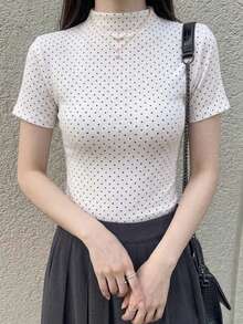 Dazy Tall 高个女式休闲波点蕾丝拼接长袖T恤 - 黑與白 - 查看 2