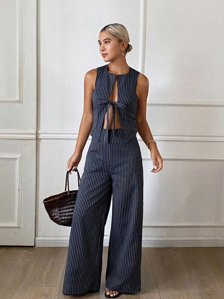 Women's Round Neck Sleeveless Striped Vest And Loose Long Pants Vacation Casual 2 Pieces Set