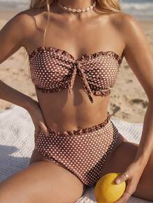 Swim Mod Conjunto de bikini de 2 piezas con lunares, color marrón dulce, con patrón de lunares blancos clásicos sobre base marrón, diseño retro elegante y lindo con copa suave sin tirantes y decoración de moño, Bottom triangular de talle alto que favorece la cintura y las caderas, adecuado para la playa, la piscina y fiestas en primavera y verano - Marrón - Ver 3