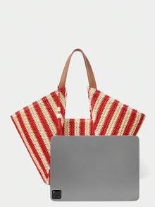 Large Capacity Bohemian Woven Straw Tote Bag With Fringe And Striped And Plain PU Handles For Beach Vacation Summer - Merah - View 5